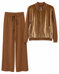 Caramel Brown Velvet Bomber & Wide-Leg Knit Set
