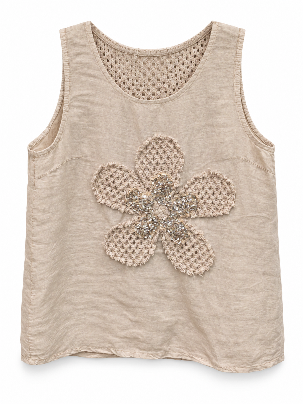 Sand Linen Crochet Flower Tank Top