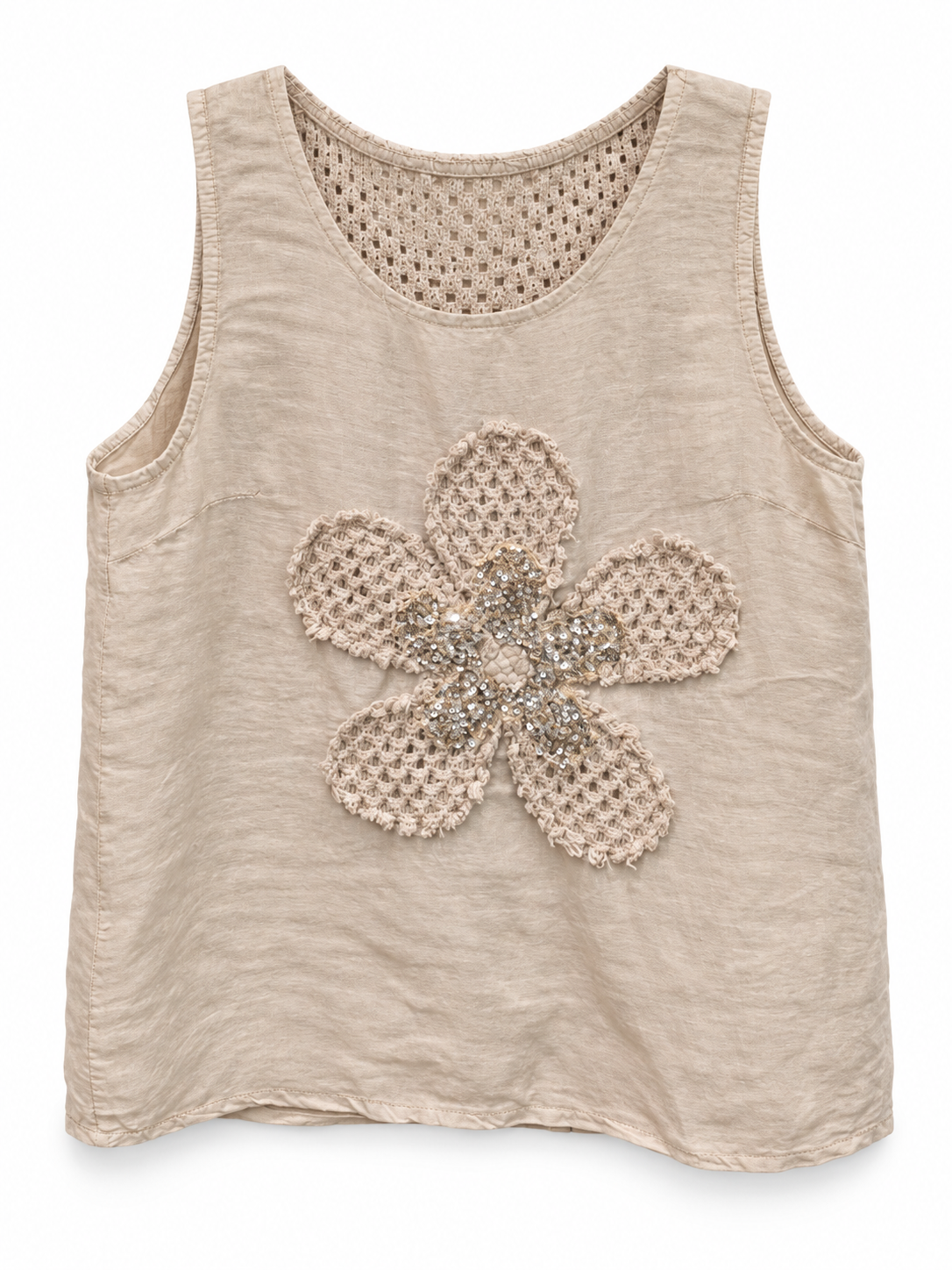 Sand Linen Crochet Flower Tank Top