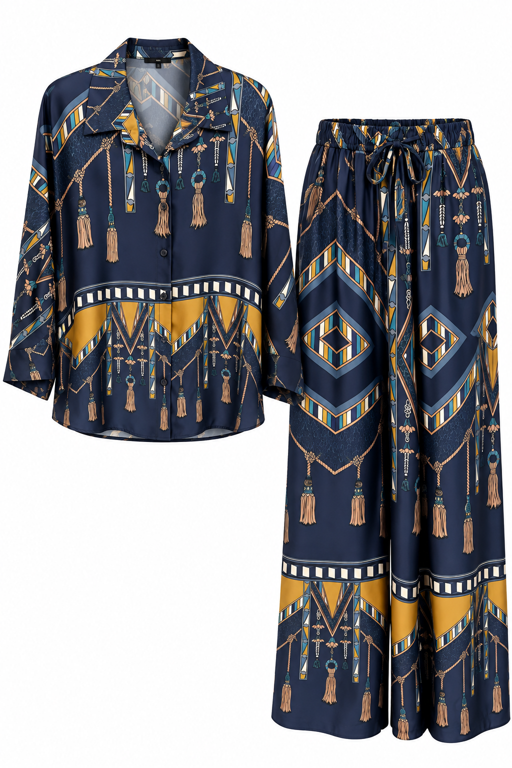 Navy Blue Tassel Print Wide-Leg Pants & Shirt Co-ord Set