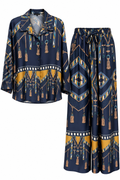 Navy Blue Tassel Print Wide-Leg Pants & Shirt Co-ord Set