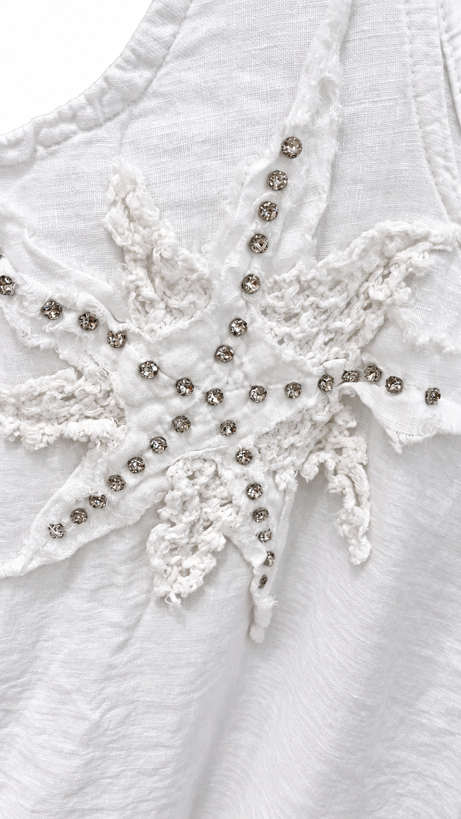 White Linen Crystal Crochet Star Appliqué Side-Tie Midi Dress