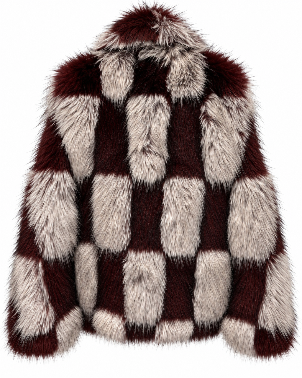 Burgundy Checkered Faux Fur Jacket
