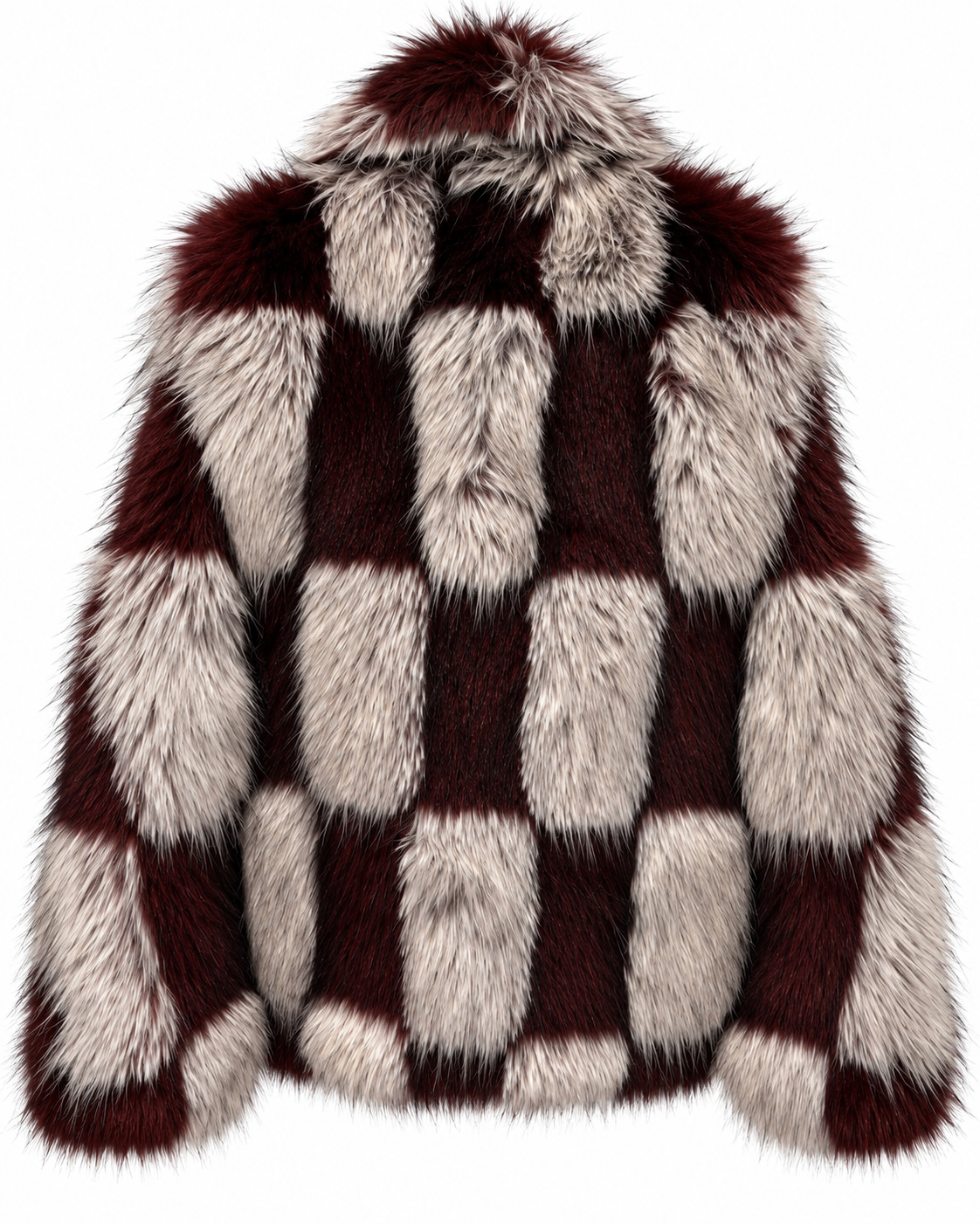 Burgundy Checkered Faux Fur Jacket