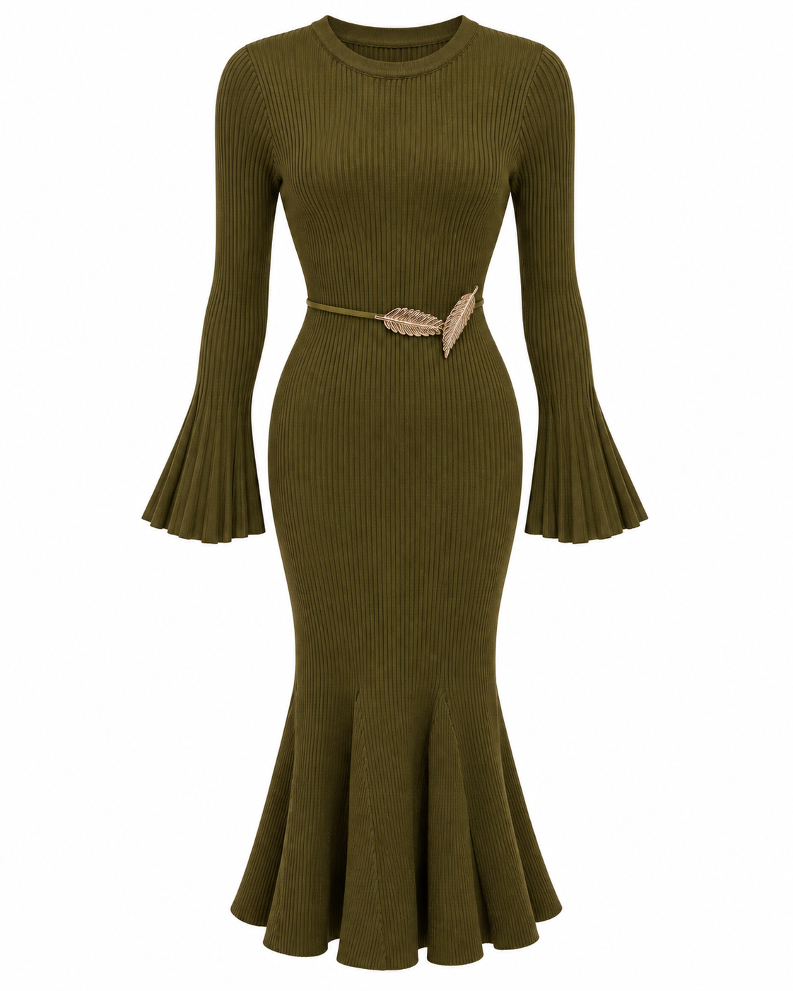 Olive Ribbed Knit Flared-Sleeve Dress