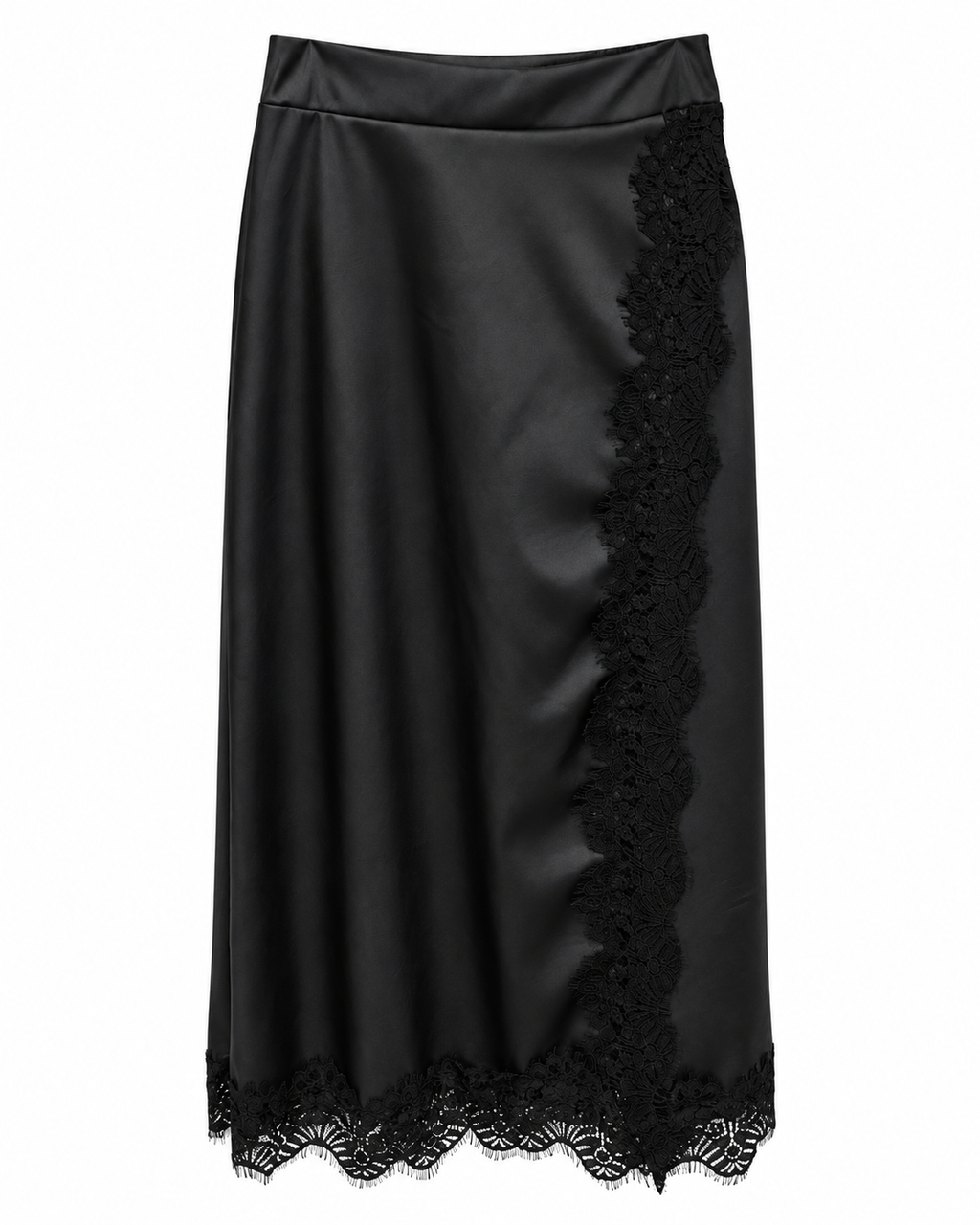 Black Eco Leather Lace-Trim Midi Skirt