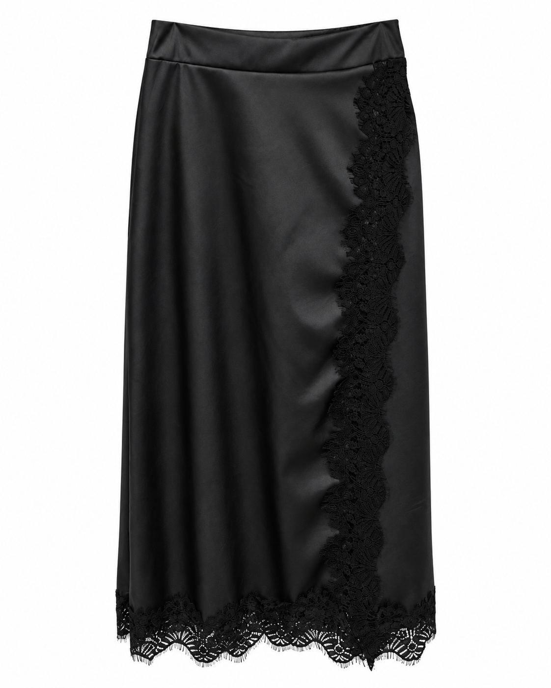 Black Eco Leather Lace-Trim Midi Skirt