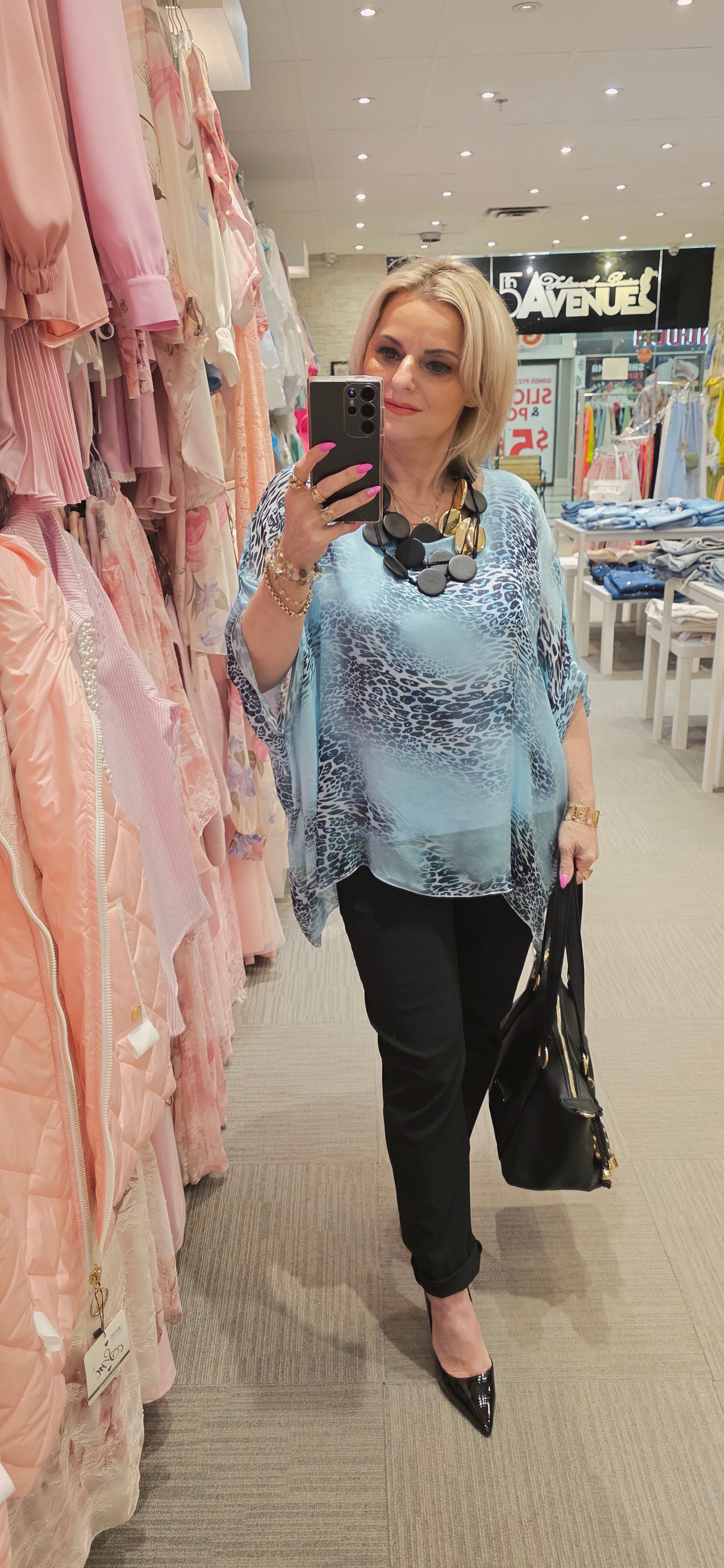 Blue Leopard Print Silky Blouse one size fits S/M/L/XL