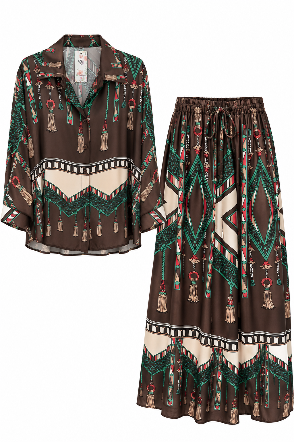 Bohemian Tassel Print Wide-Leg Pants & Blouse Set