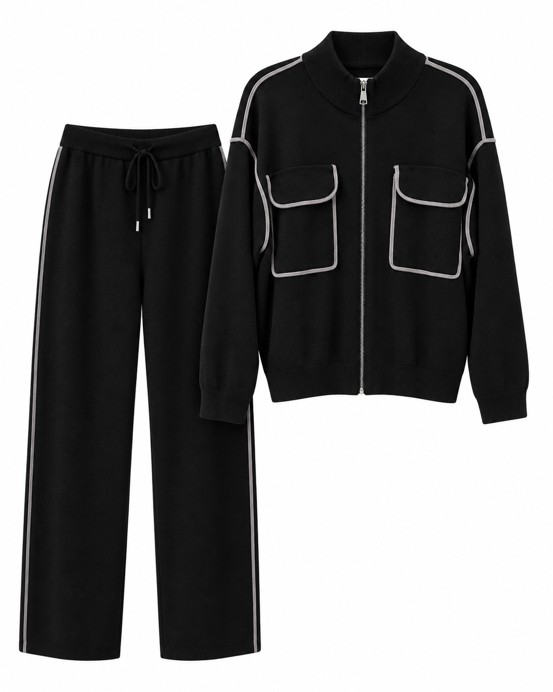 Black Knit Sport Set with Silver Trim