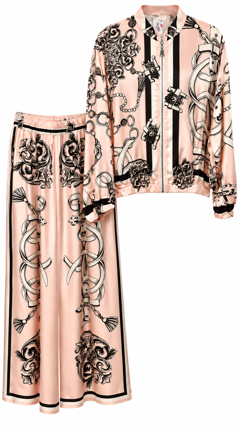 Baroque Chain Print Satin Bomber Jacket & Wide-Leg Pants Set