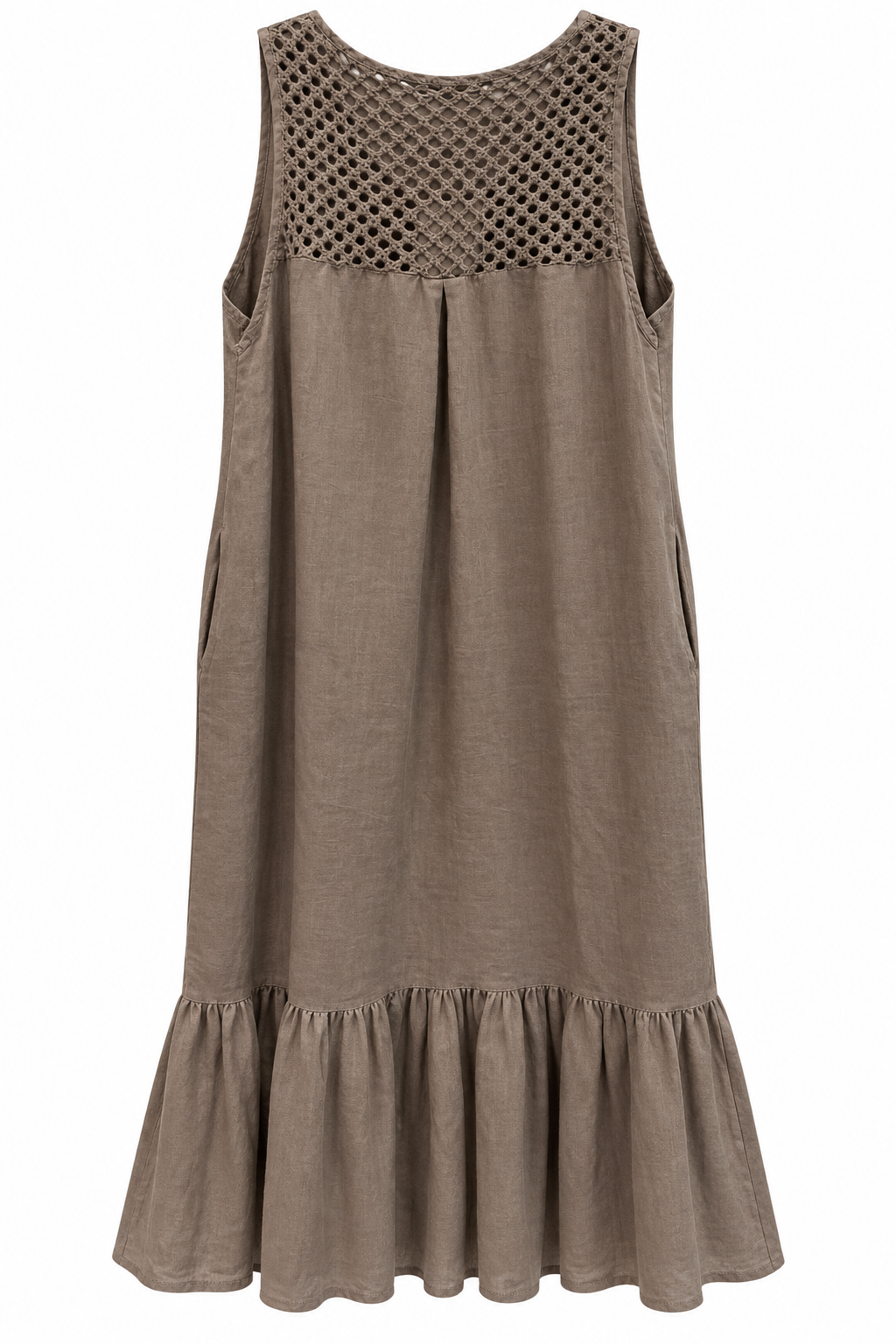 Taupe Linen Crochet Ruffle Dress