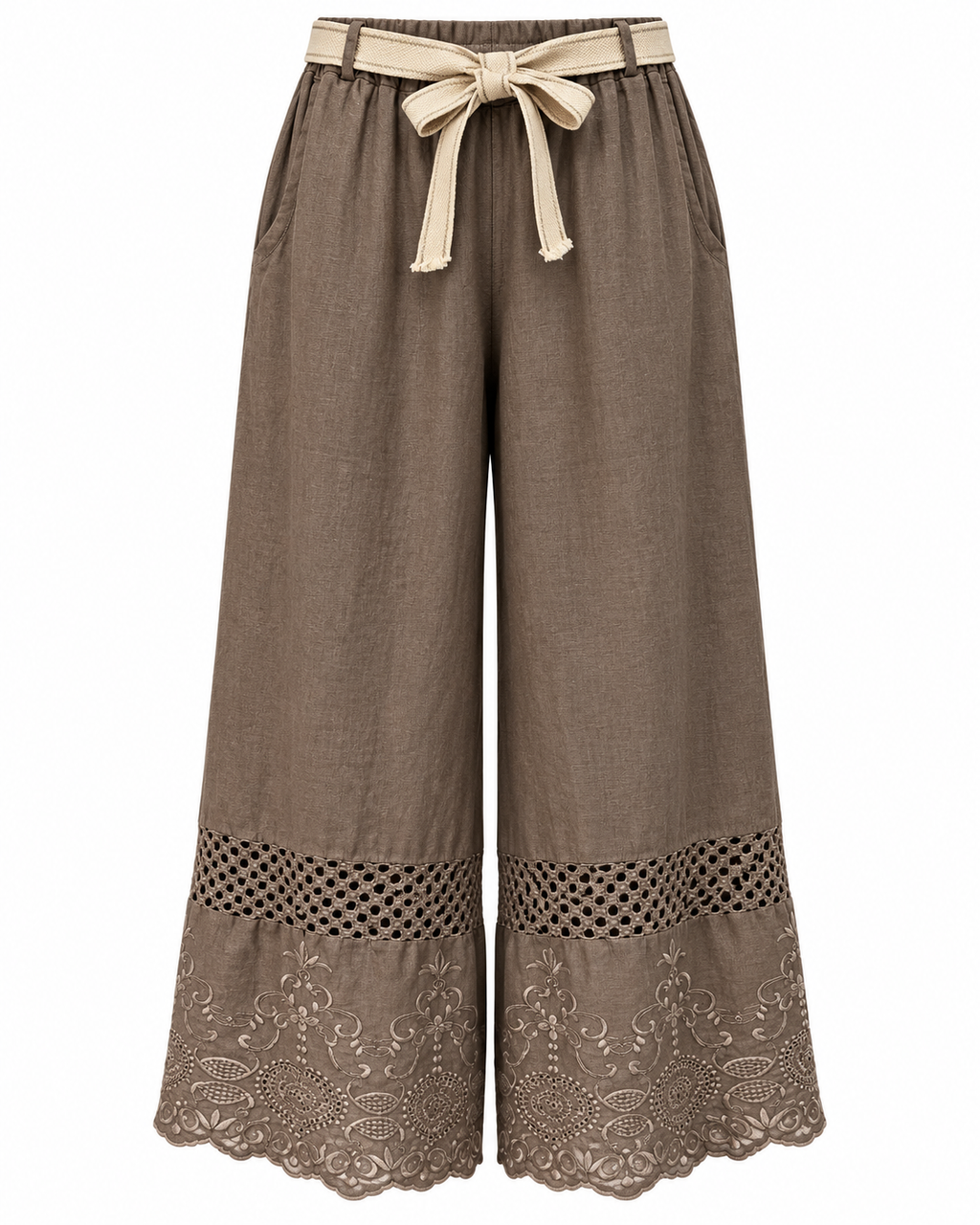 Taupe Linen Pants with Embroidered Hem