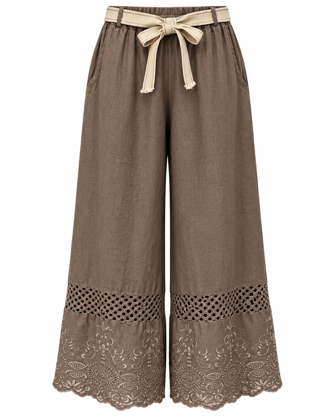 Taupe Linen Pants with Embroidered Hem