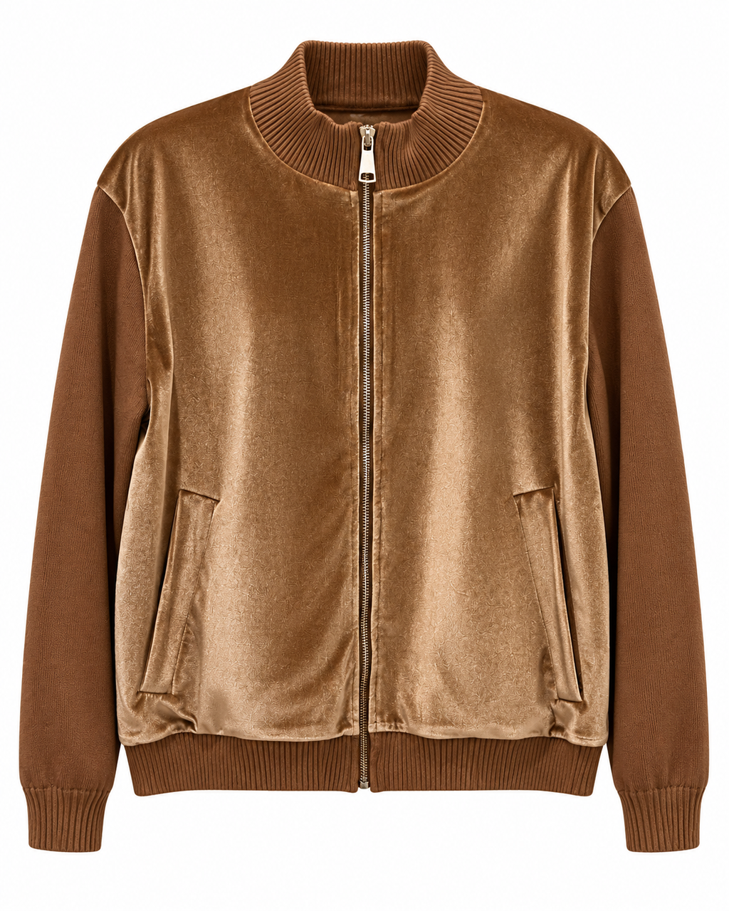 Caramel Brown Velvet Bomber & Wide-Leg Knit Set