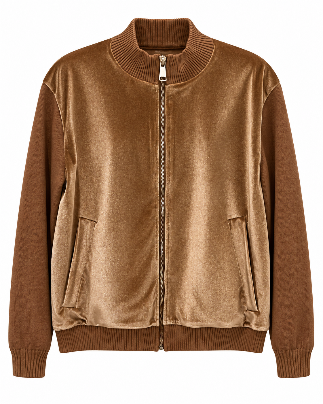 Caramel Brown Velvet Bomber & Wide-Leg Knit Set
