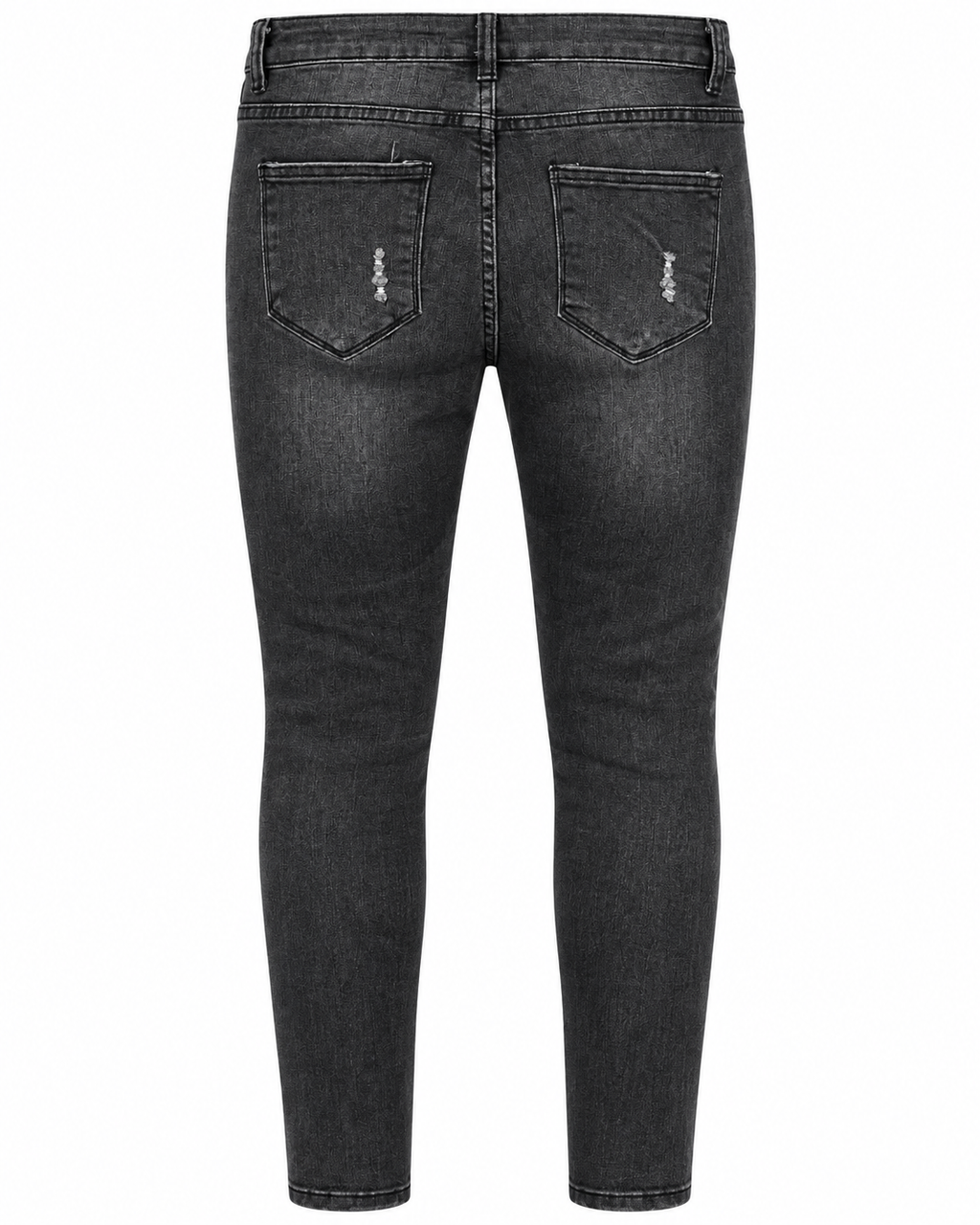 Front view of black washed distressed button-fly jeans