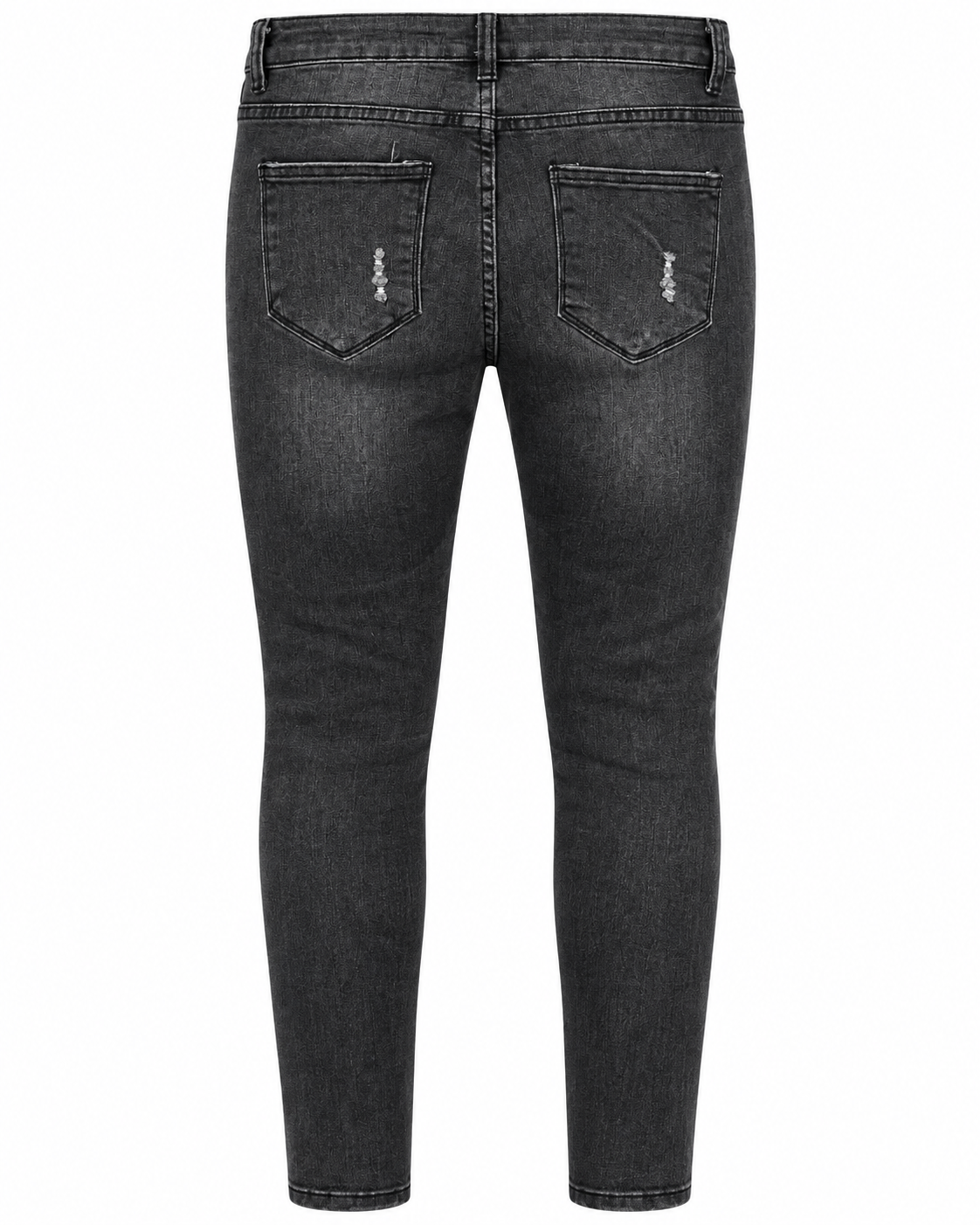 Front view of black washed distressed button-fly jeans