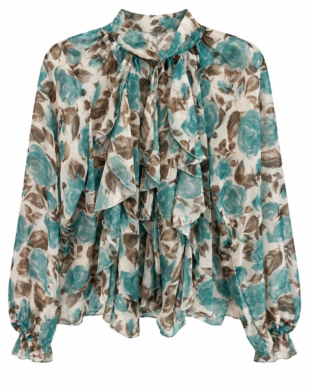 Teal Rose Chiffon Ruffle Bow Blouse
