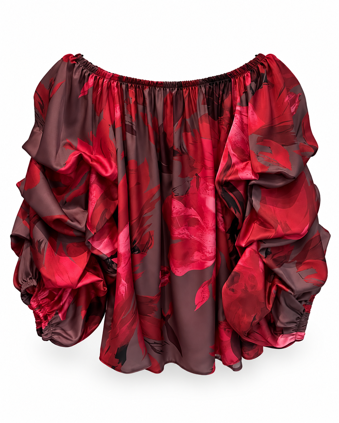 Red Floral Ruched Sleeve Blouse