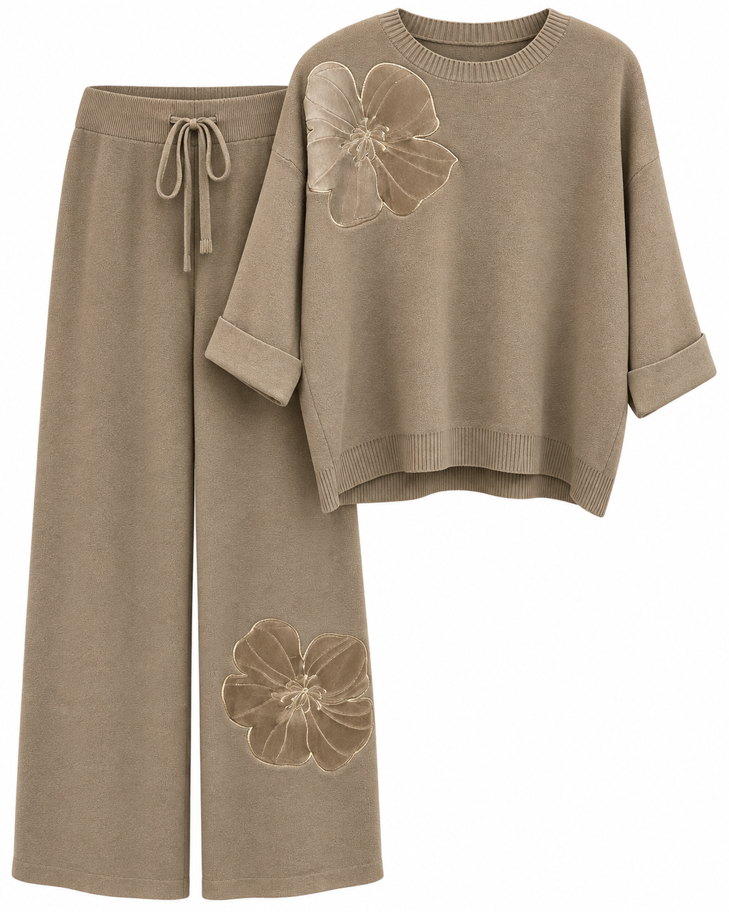 Taupe Floral Appliqué Knit Co-Ord Set