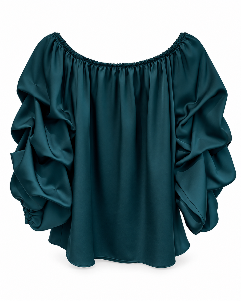 Deep Teal Spanish-Style Ruched Sleeve Blouse