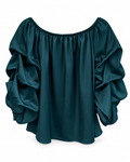 Deep Teal Spanish-Style Ruched Sleeve Blouse