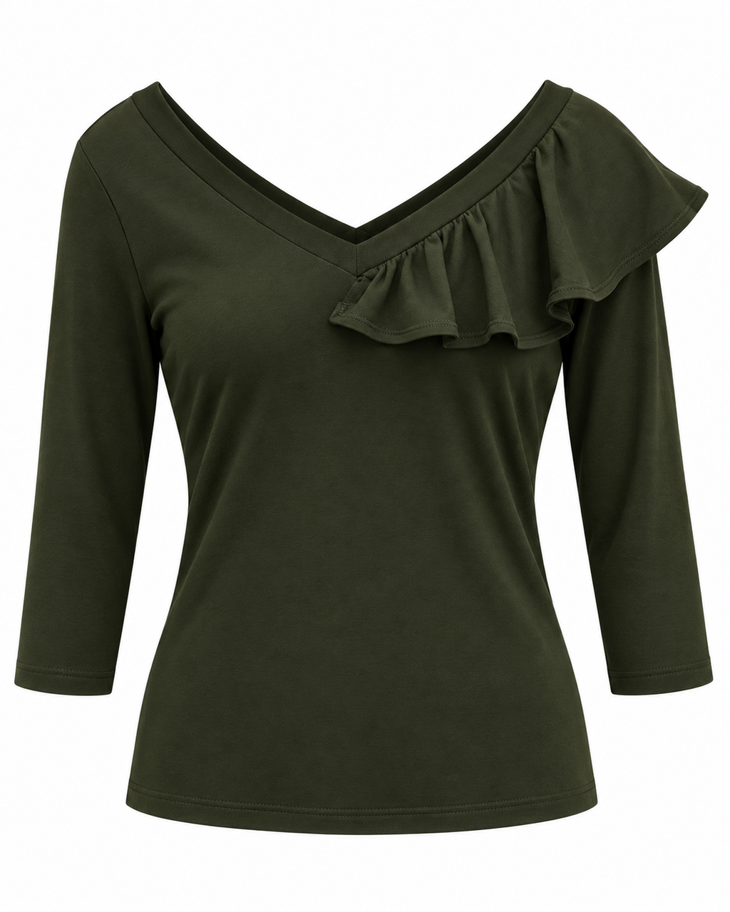 Olive Cotton Ruffle V-Neck Blouse