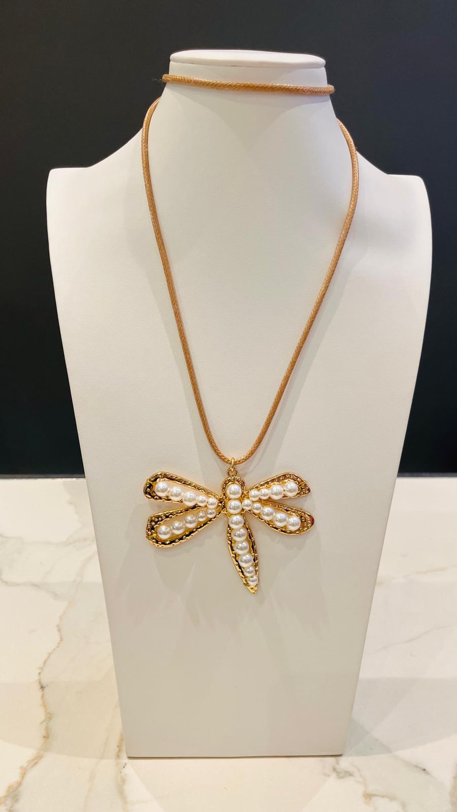 Gold Dragonfly Pearl Necklace