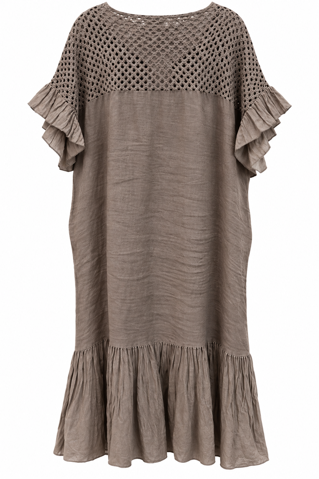 Mocha Linen Crochet Ruffle Dress