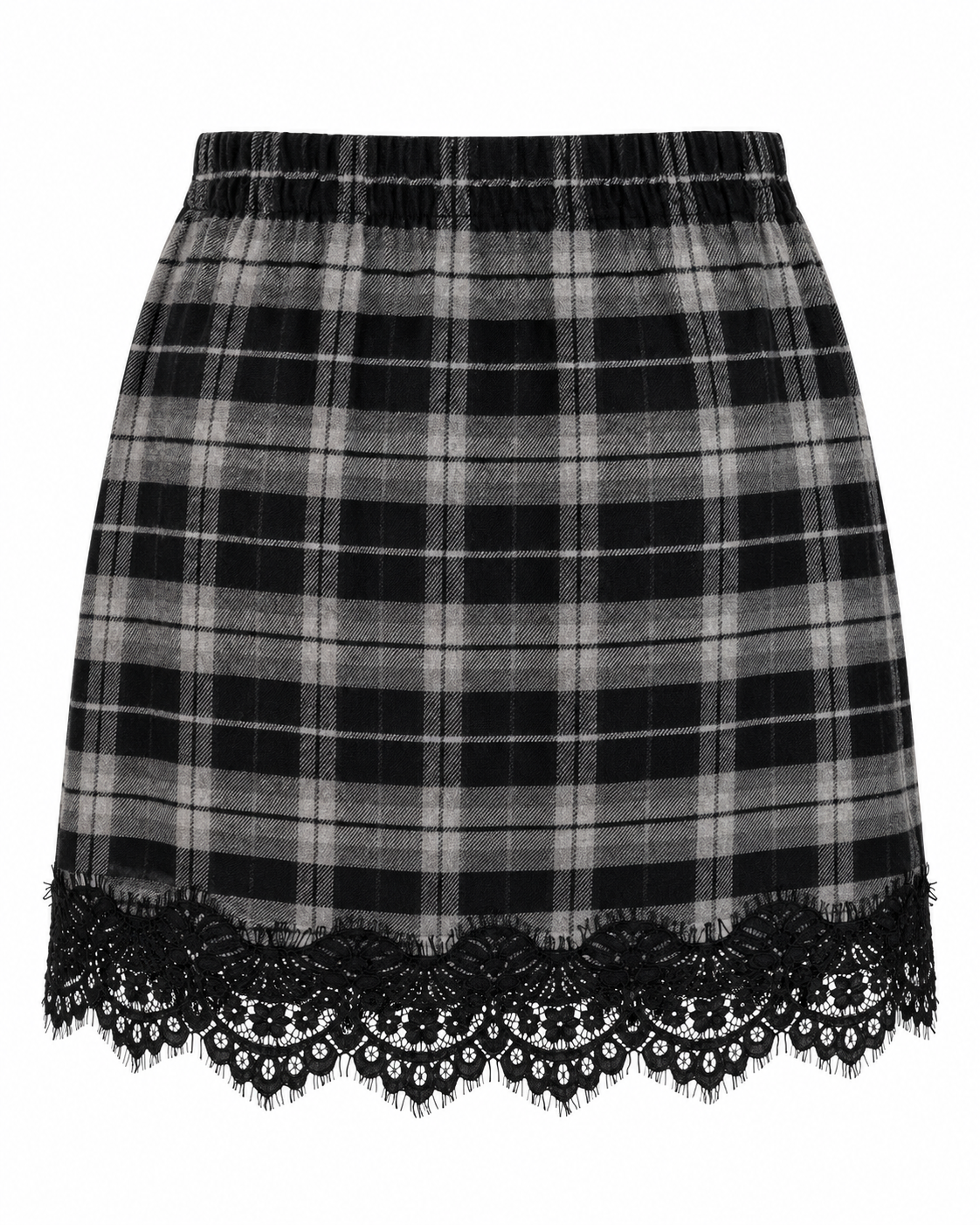 Alternate view of black and grey plaid mini skirt with lace detailing
