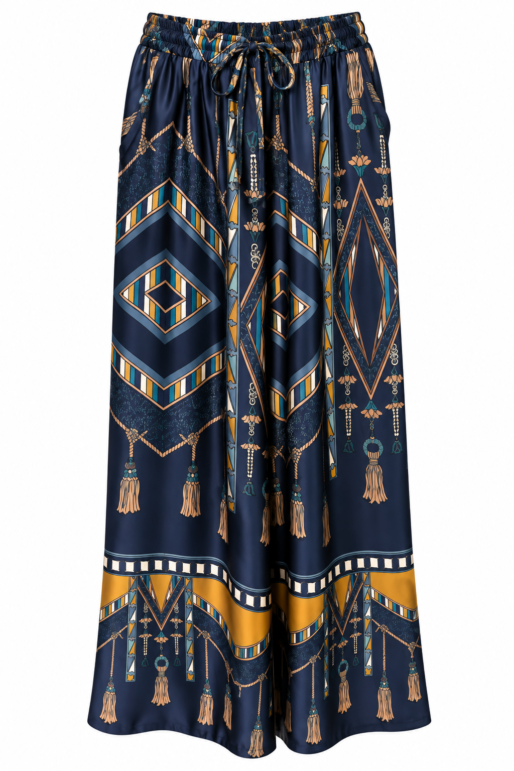 Navy Blue Tassel Print Wide-Leg Pants & Shirt Co-ord Set