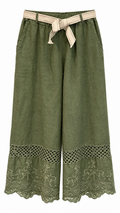 Khaki Linen Embroidered Wide-Leg Pants