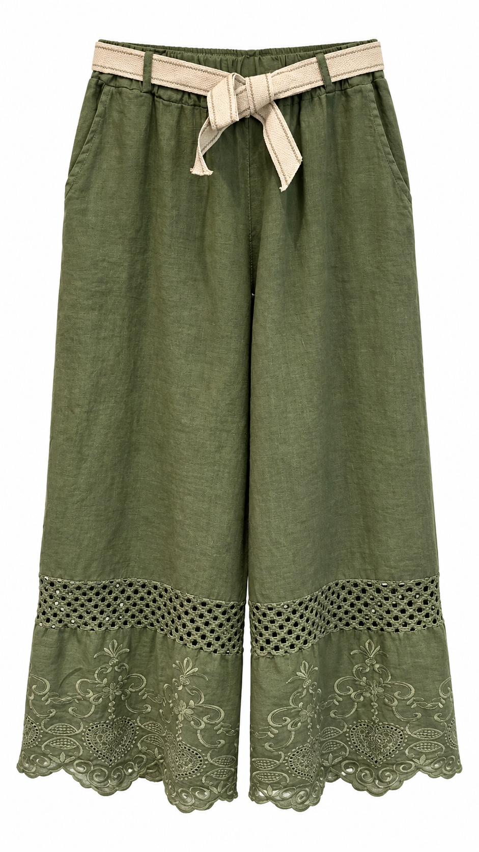 Khaki Linen Embroidered Wide-Leg Pants