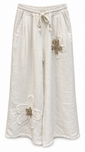 Ivory Linen Wide-Leg Pants with Floral Appliqué