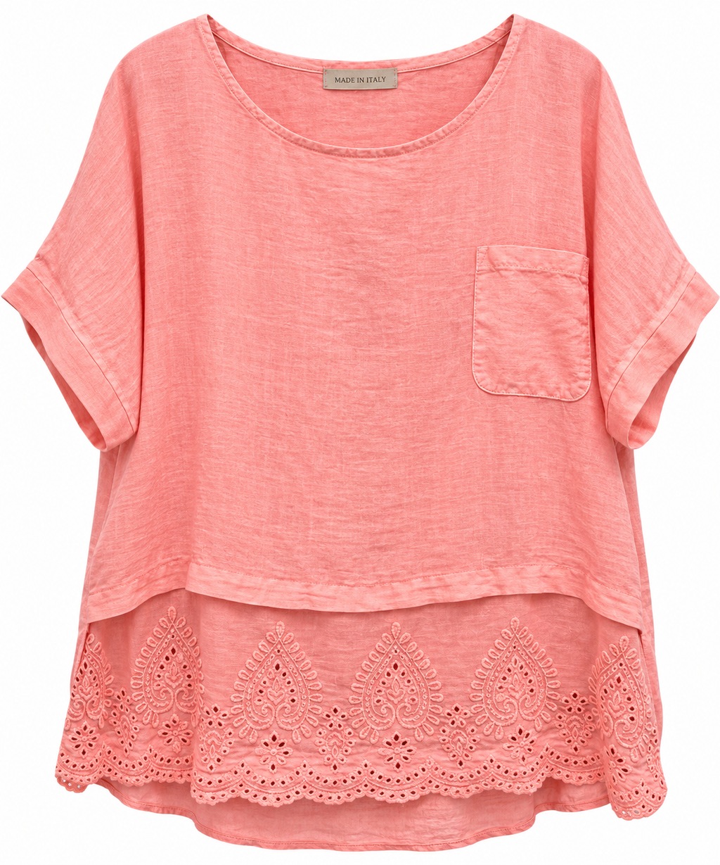 Italian Linen Layered Top in Coral