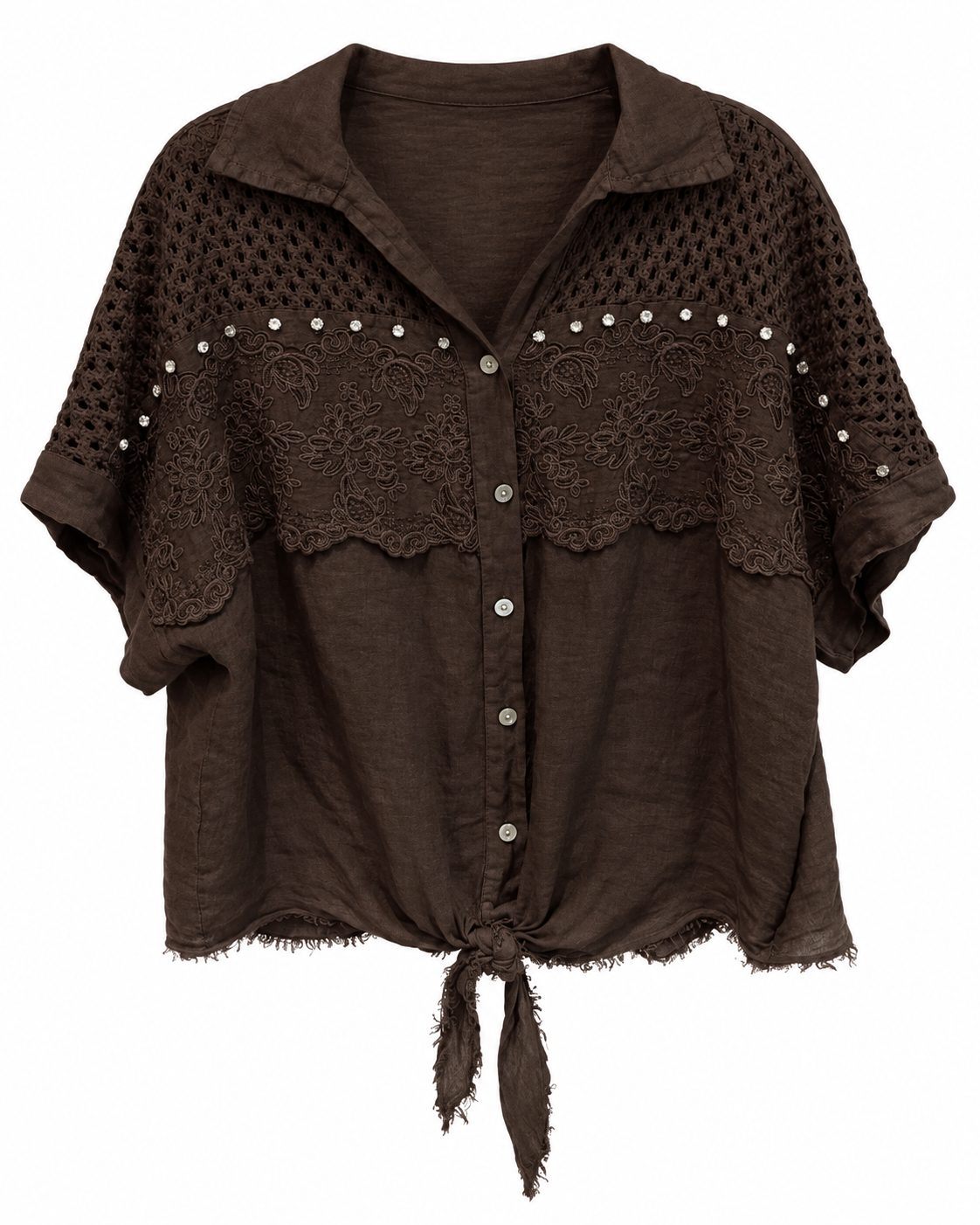 Dark Chocolate Linen Lace-Embroidered Tie-Front Shirt