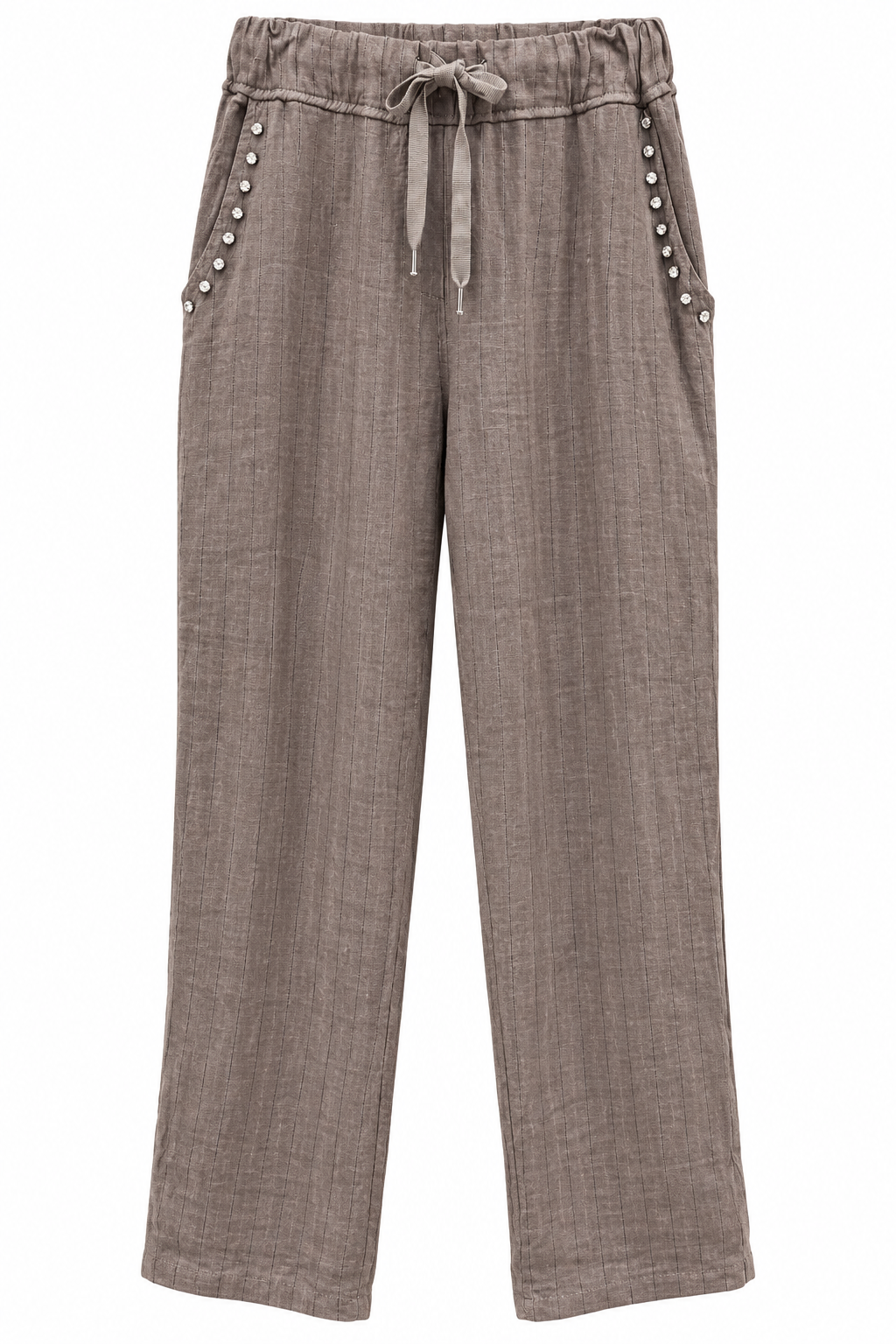 Linen Drawstring Pants with Crystal Embellishment