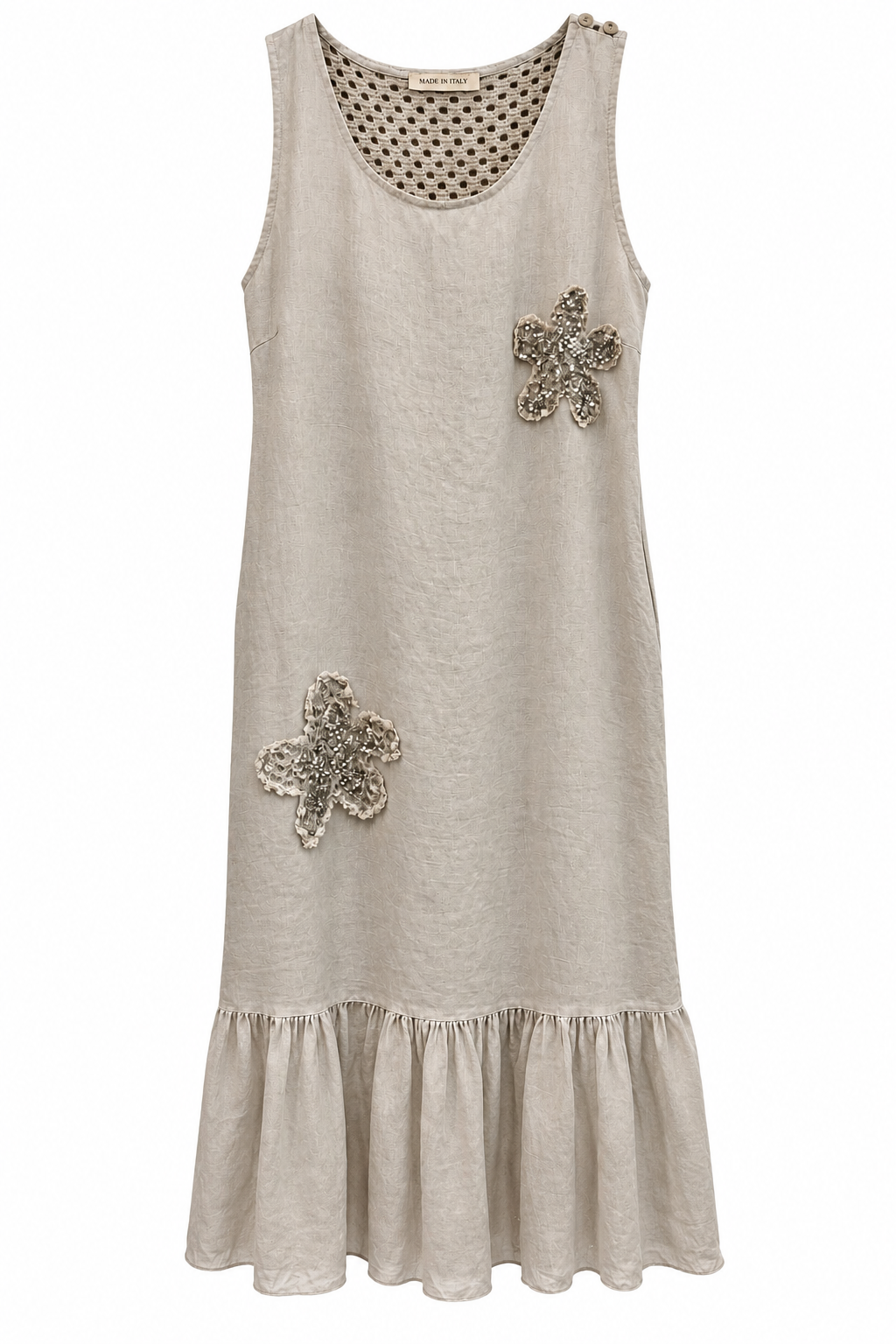 Sand Linen Dress with Crochet Back & Sequin Flowers