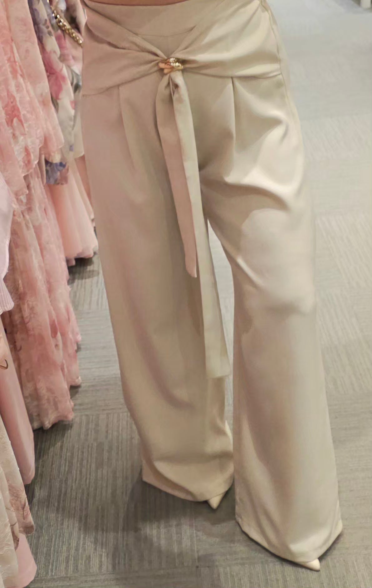 Beige Wide Leg Tie-Waist Trousers