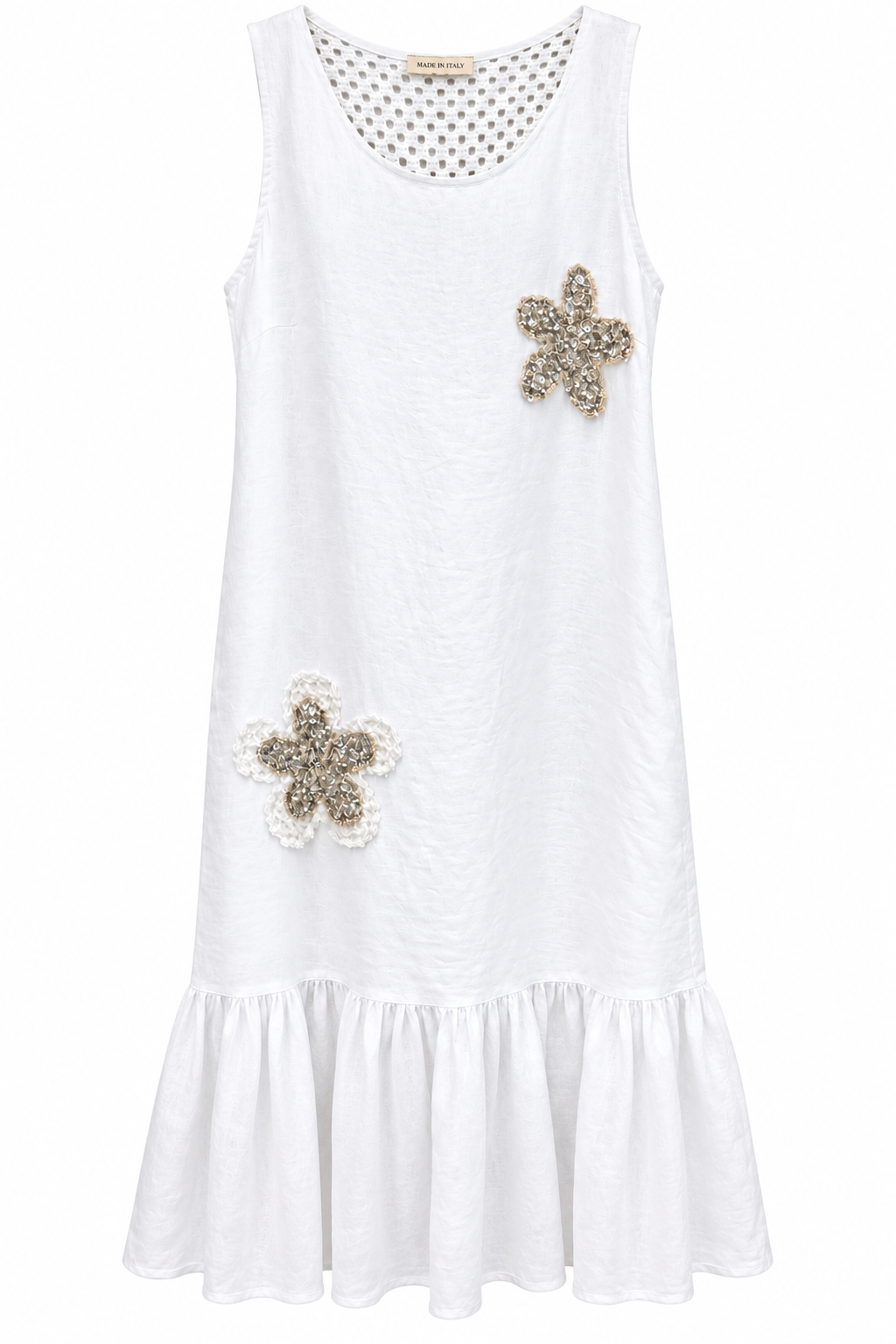 White Italian Linen Dress with Crochet Yoke & Sequin Flowers