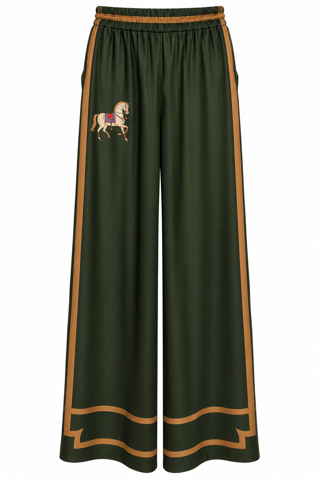 Deep green satin wide-leg trousers with horse motif