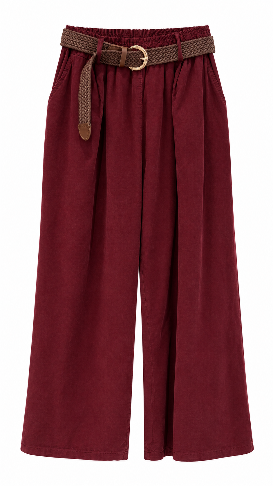 Burgundy Corduroy Wide-Leg Trousers with Belt