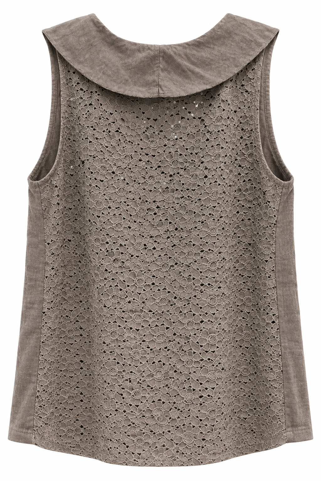 Front view of taupe linen top with cascading ruffle V-neckline detail