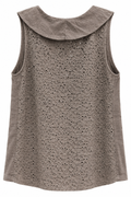 Front view of taupe linen top with cascading ruffle V-neckline detail