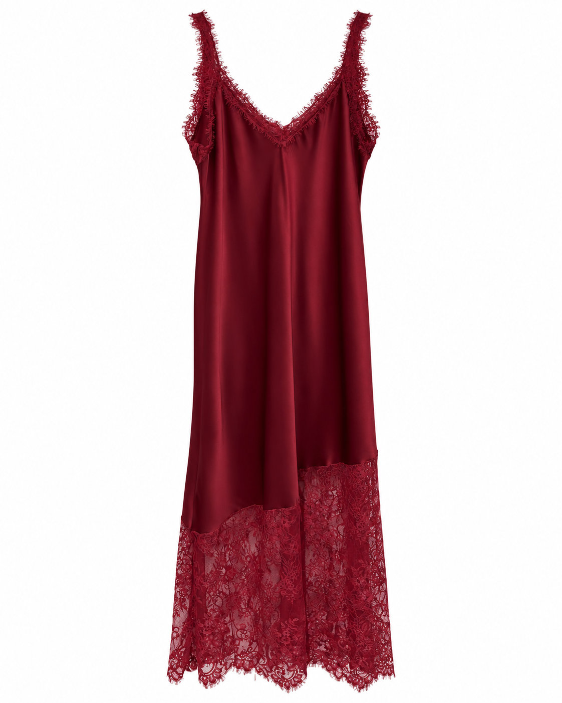Burgundy Satin Lace-Trim Slip Dress