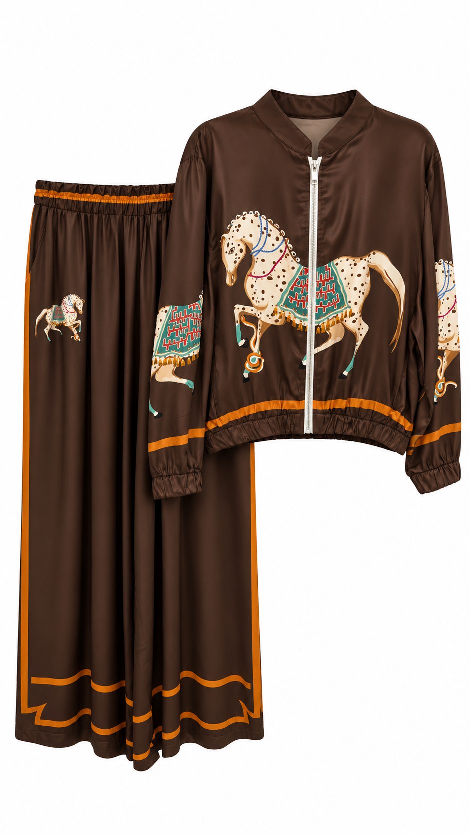 Brown Equestrian Print Satin Set
