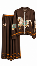 Brown Equestrian Print Satin Set