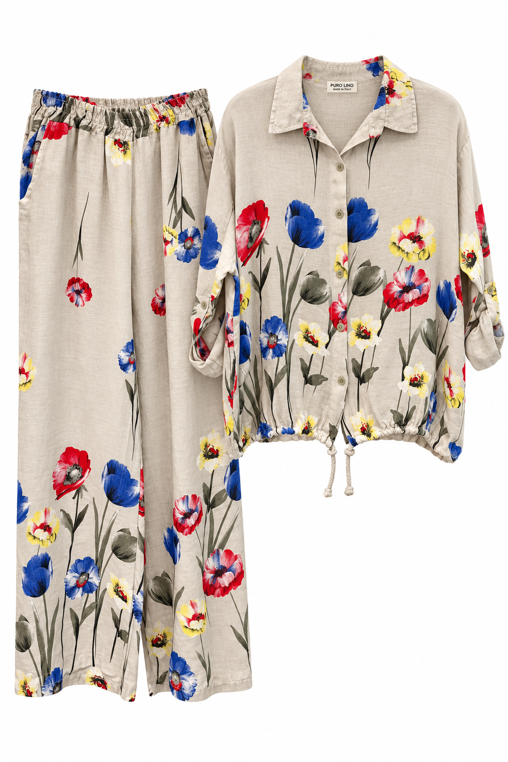 Italian Linen Floral Shirt and Wide-Leg Trousers Set Puro Lino full look