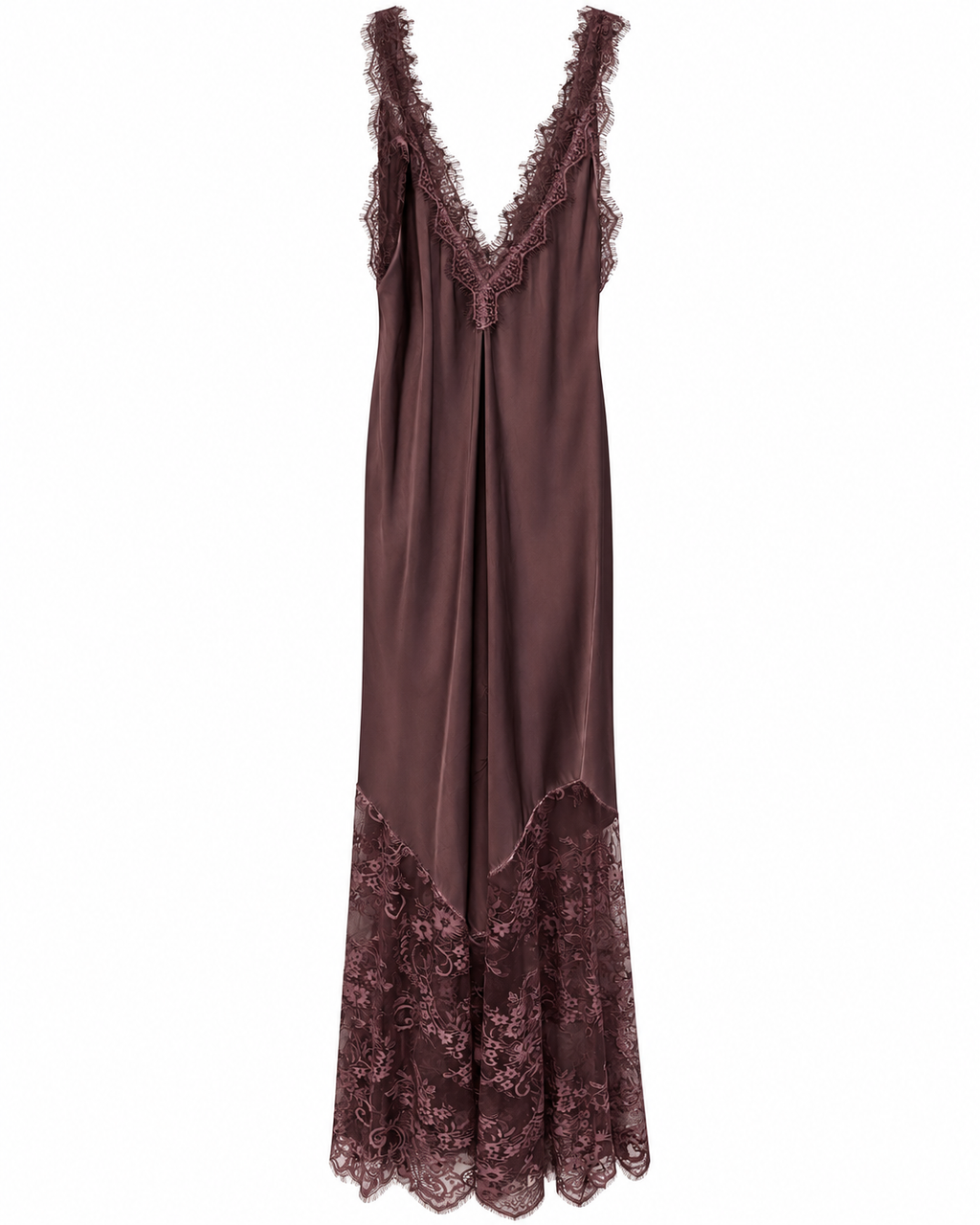 Deep Plum Satin Lace-Trim Maxi Dress